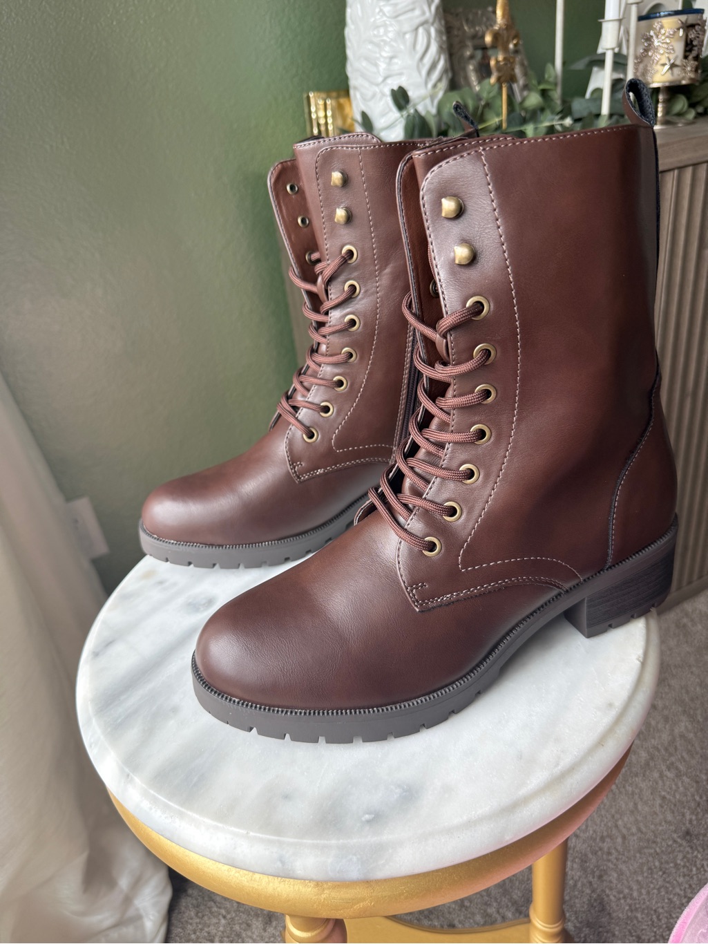 Dream Pairs Brown Lace-Up Mid-Calf Combat Boots